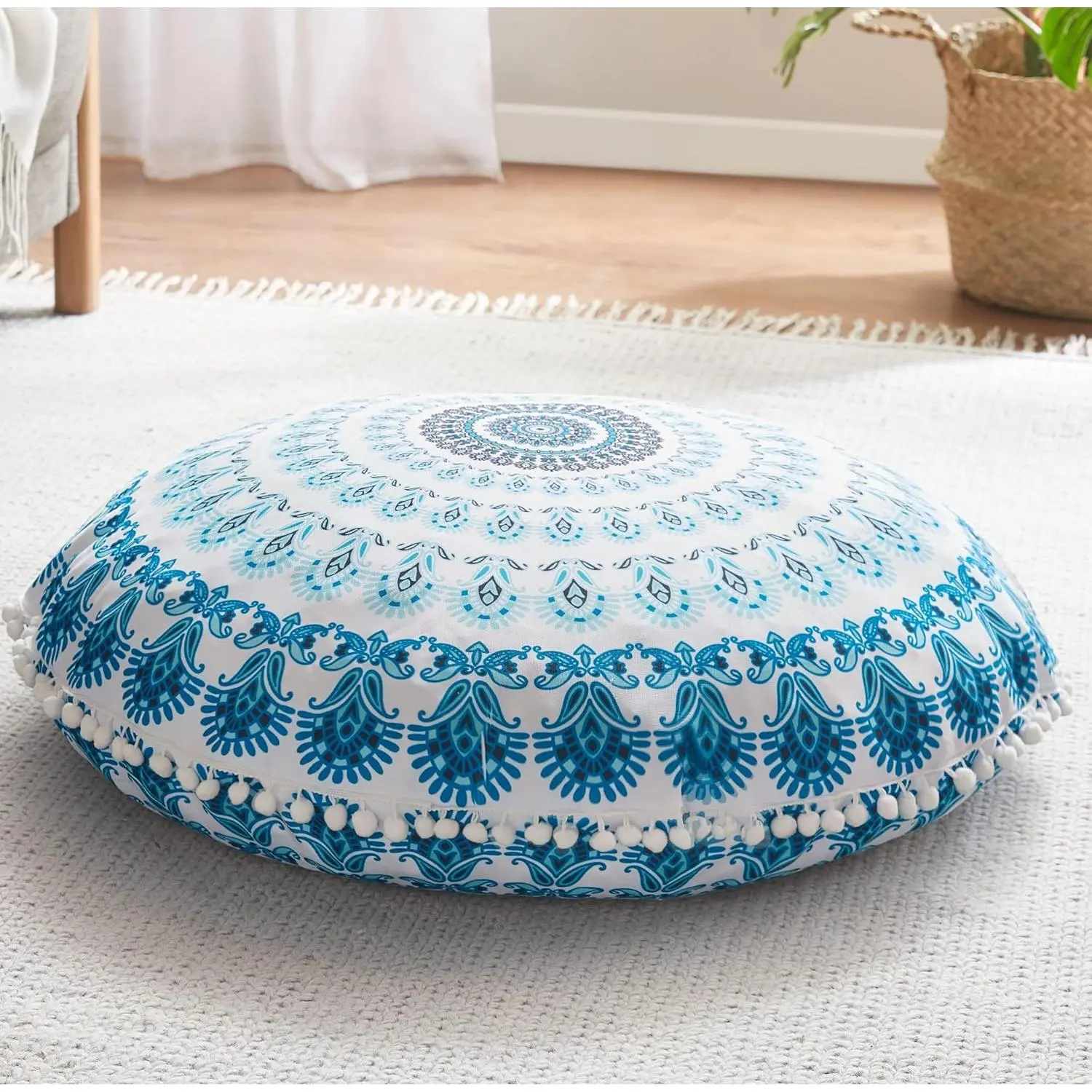 Meditation Floor Pillow, Round Large Pillows Seating for Adults, Bohemian Mandala Circle Cushion for Outdoor Fireplace Yoga Living Room, 32 Inch, Memory  Added, Aqua