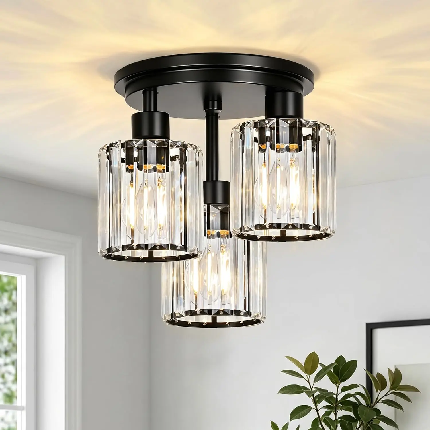 ROTTOGOON 3-Light Modern Crystal Semi-Flush Ceiling Mounted Fixture, Black Indoor Decorative Light, Modern Farmhouse Glamorous Lighting for Kitchen, Hallway, Indoor Light