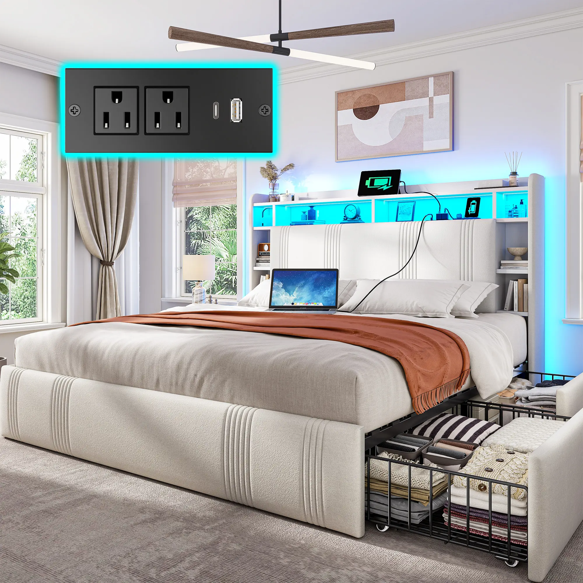 Raybee 4 Drawers Bed Frame with Storage Bookcase Cushioned Headboard, Modern Upholstered Platform LED Bed Frame With Charging Station for Full Queen King Size, Apartment, Bedroom Studio Noise Free No Box Spring Needed, 1200LBS Capacity Beige, Gray