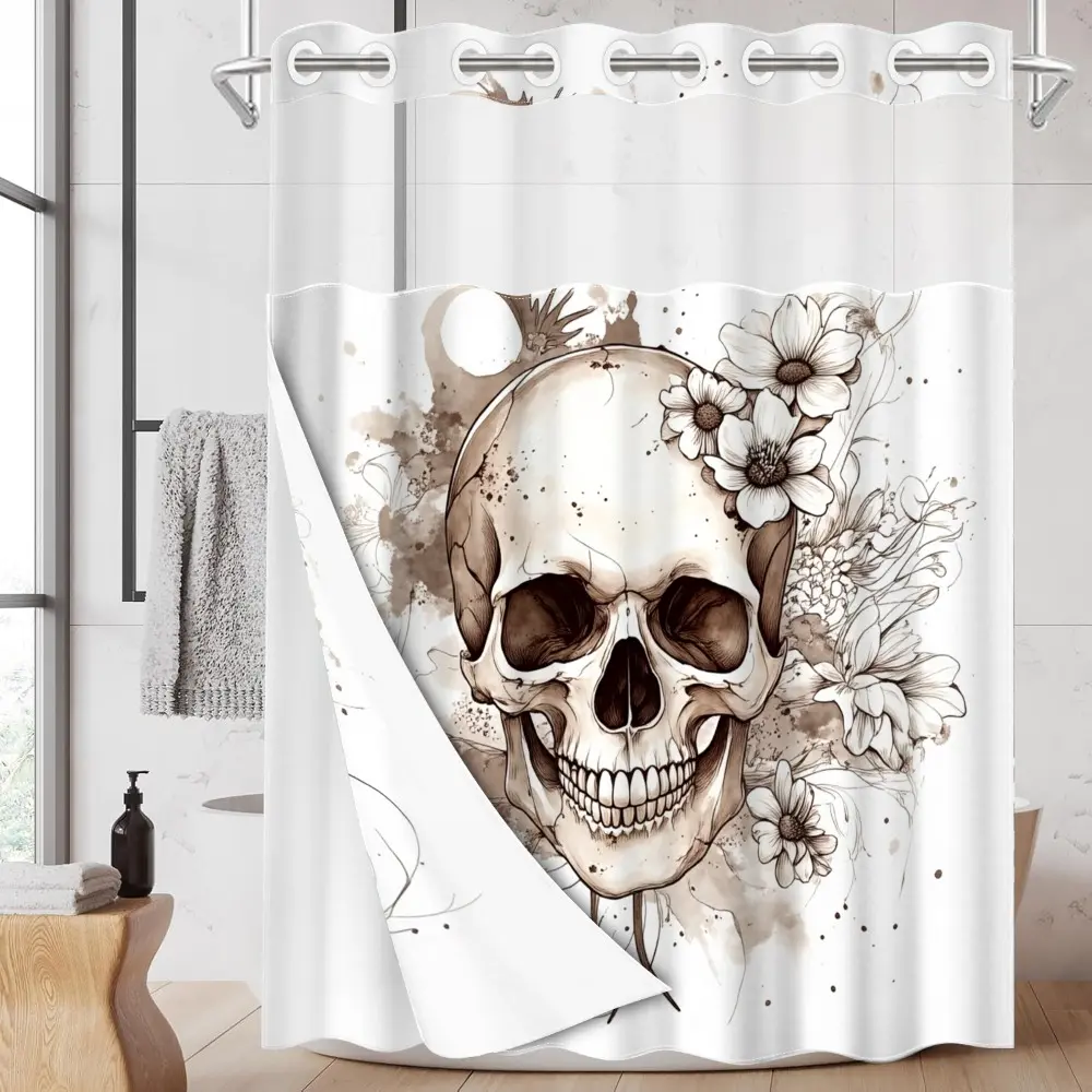 1pc hookless shower curtain with buckle lining, brown and white skull and floral ink wash design, 2D flat printing, waterproof fabric lining, see-through double-layer, 71 x 74 inches, Bathroom shower curtain, modern home curtain, Gothic Shower Curtain