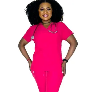 Nurse Charlotte Joggers Set SCRUBS Breathable Stretchy Stylish Uniforms Workwear Top Pants Womenswear Comfortable Drawstring Pockets Soft Fabric Clothes Adjustable Pink