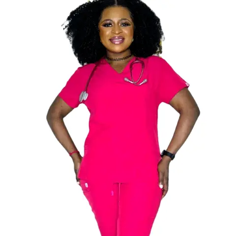 Nurse Charlotte Joggers Set SCRUBS Breathable Stretchy Stylish Uniforms Workwear Top Pants Womenswear Comfortable Drawstring Pockets Soft Fabric Clothes Adjustable Pink