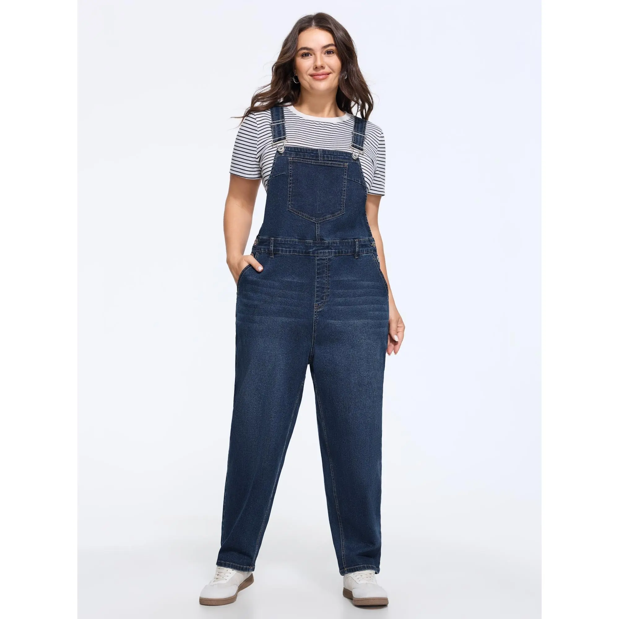 BLOOMCHIC Women's Plus Size Strappy Denim Jumpsuit with Spandex Fabric, Adjustable Shoulder Straps, Pocket, Garment [M-6X] Summer Find, Sleeveless