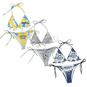 Full Print String Bikini, Especial Beer Vacation Hawaii Drinking Print Bikini Set, Women's Summer Bikini Set, Small Floral Print Bikini, Casual Bikini Set, Summer Vibe, Gift for Women, Perfect for Beach Outdoor Activities