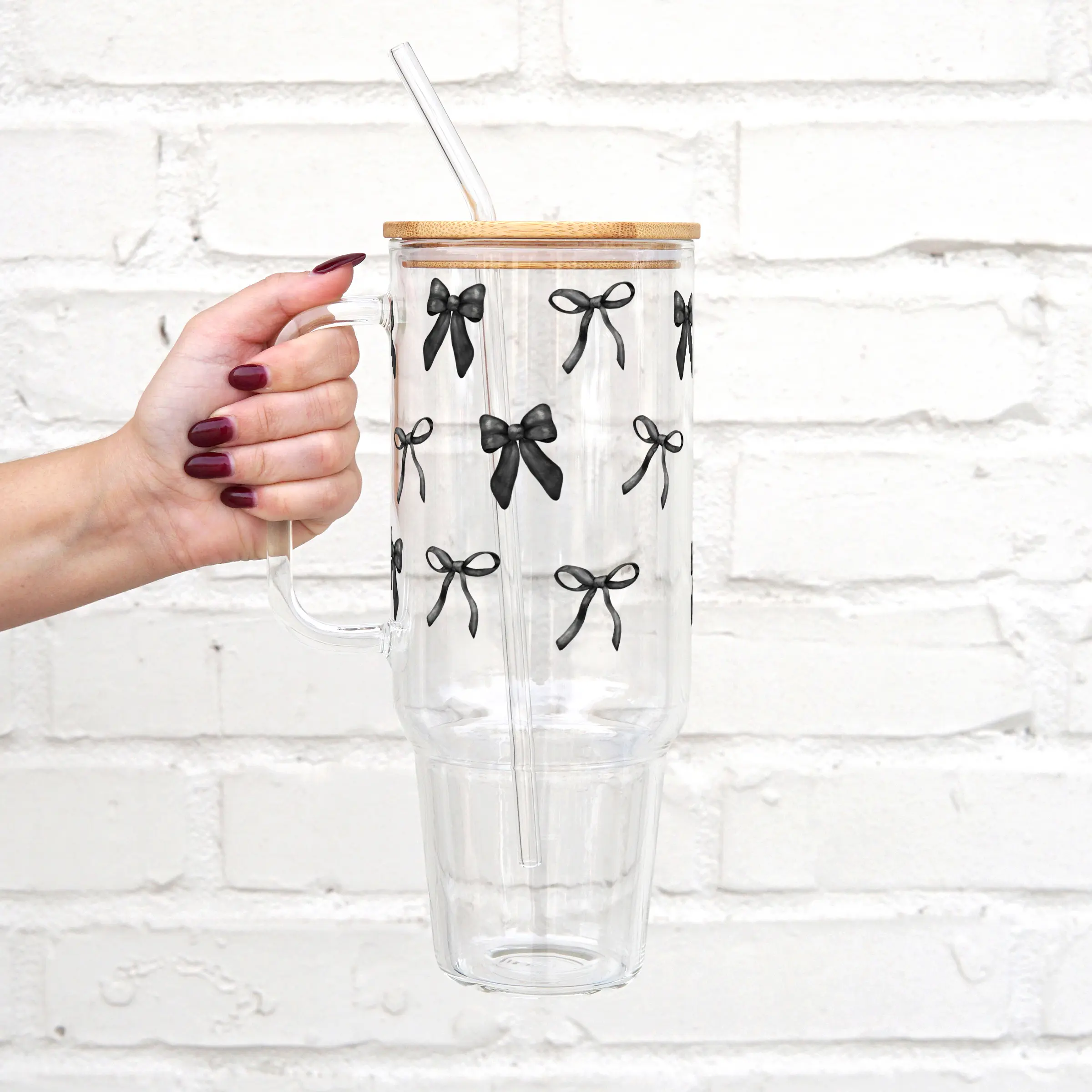 Vintage Black Bows 40oz Glass Tumbler with Lid and Straw, Iced Coffee Drinkware, Gift for Her, Acrylic Tumbler, water bottle for women, iced coffee cup, Mug