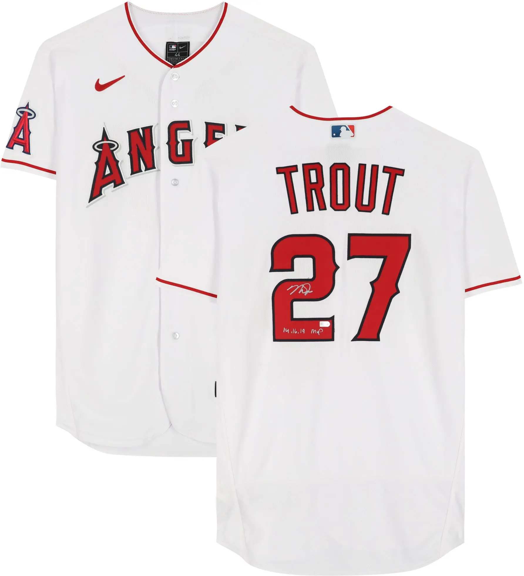 Mike Trout Los Angeles Angels Autographed White Nike Authentic Jersey with "14, 16, 19 AL MVP" Inscription - Fanatics Authentic Certified