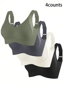 Women's Solid Wireless Bras with Buckle, Soft & Breathable Design with Non-Removable Pads, Lingerie for Daily Wear, 4-Pack Set