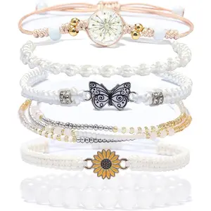 6 count String bea Charm Bracelets for Teen Girls Handmade Braided Rope Butterfly daisies Eternal flower Boho Surfer Bracelet for women Adjustable frienhip Stretch birthday   Frien