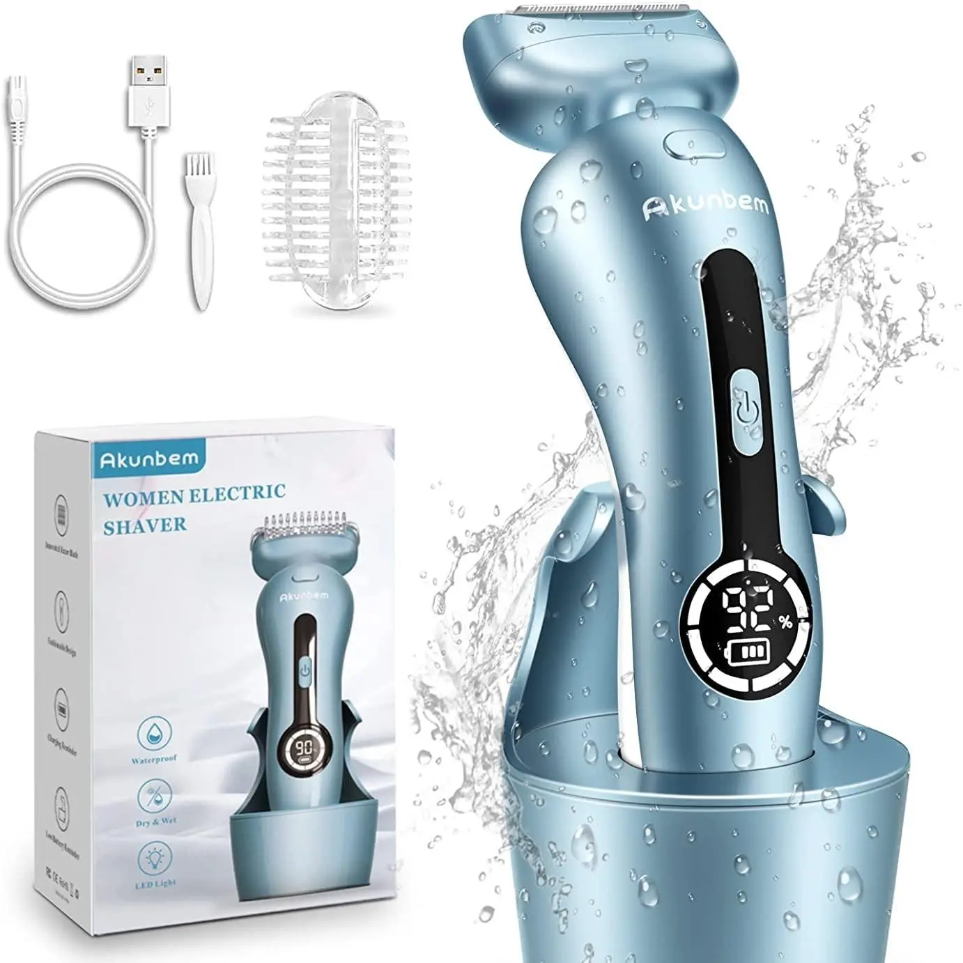 Akunbem Women's Electric Foil Shaver & Body Hair Trimmer - Rechargeable Cordless Waterproof Wet/Dry Hair Removal Tool with Detachable Head, USB Cable, LED Light, Precise Safe Shaving for Legs/Underarms, Daily Care Womens Gifts