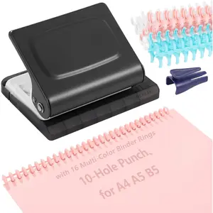 10-Hole Binding Machine Spiral Coil Binder, Spiral Binding Machine with 16 Multi-Color Binder Rings, 30 Holes  A4, 20 Holes  A5, 26 Holes  B5, 10 Sheets Capacity