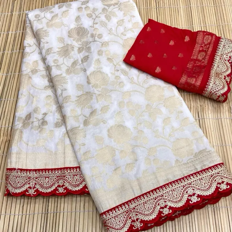Women's Red White Bridal Saree Designer Khadi georgette  Wear Heavy Lace Work Blouse Not Stitched