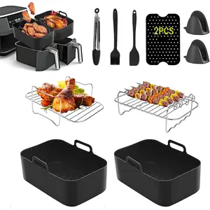 Air fryer accessories, 15 pieces, suitable for Ninja Foodi AF300UK, AF400UK and other 7.6L-9.5L dual zone air fryers, including silicone air fryer liner, grill, gloves, spatula, brush, clip, silicone pad