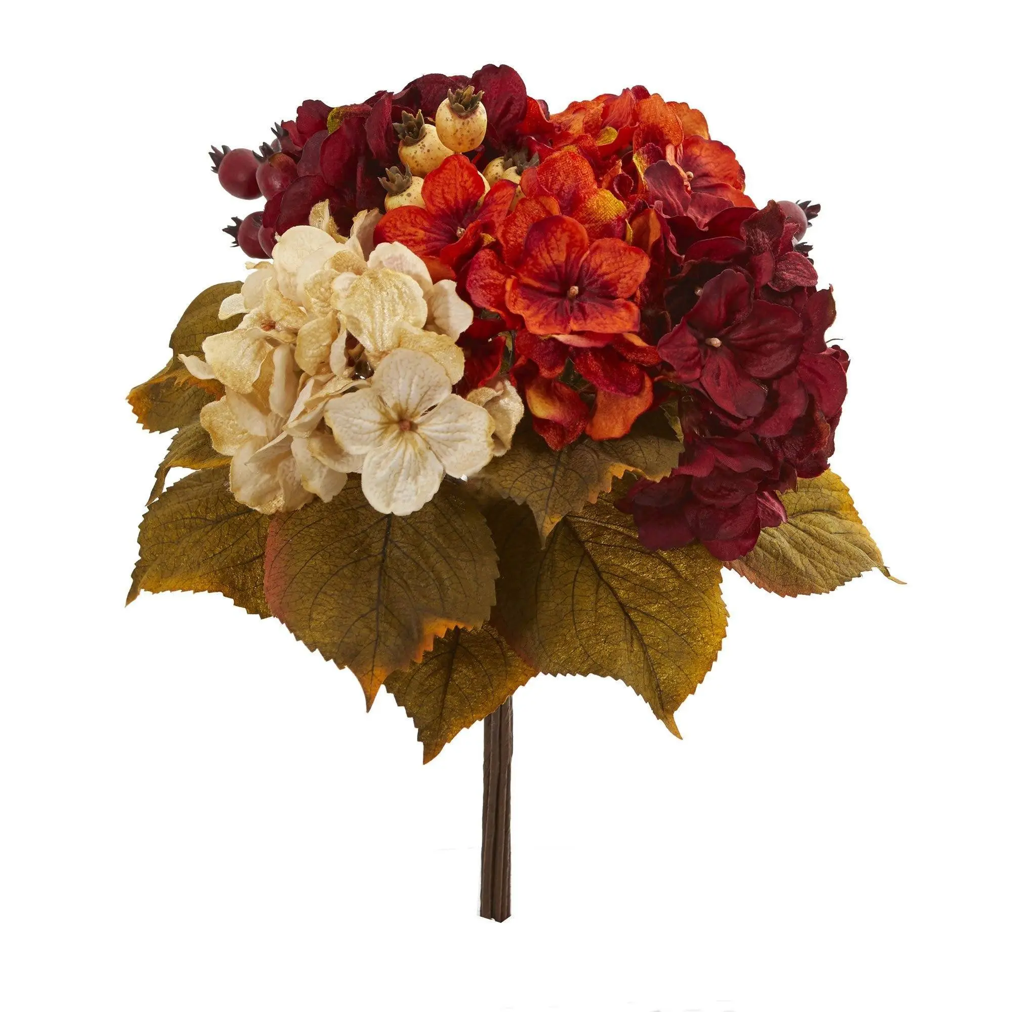 16-in Decorative Bundle Artificial Flowers, Formal Autumn Hydrangea-Berry Bouquet with Ample Green Leaves (Set of 2) for Home Floral Decor, Vase Centerpiece, Glass, Room