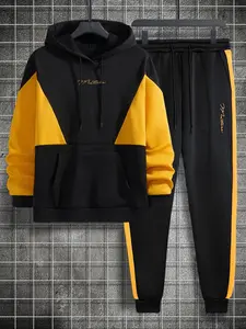 Black - Yellow Color - Block Hoodie and Track Pants Set, Streetwear Tracksuit Set, Trendy Street - sport Style, TikTok - Popular Fashion Item