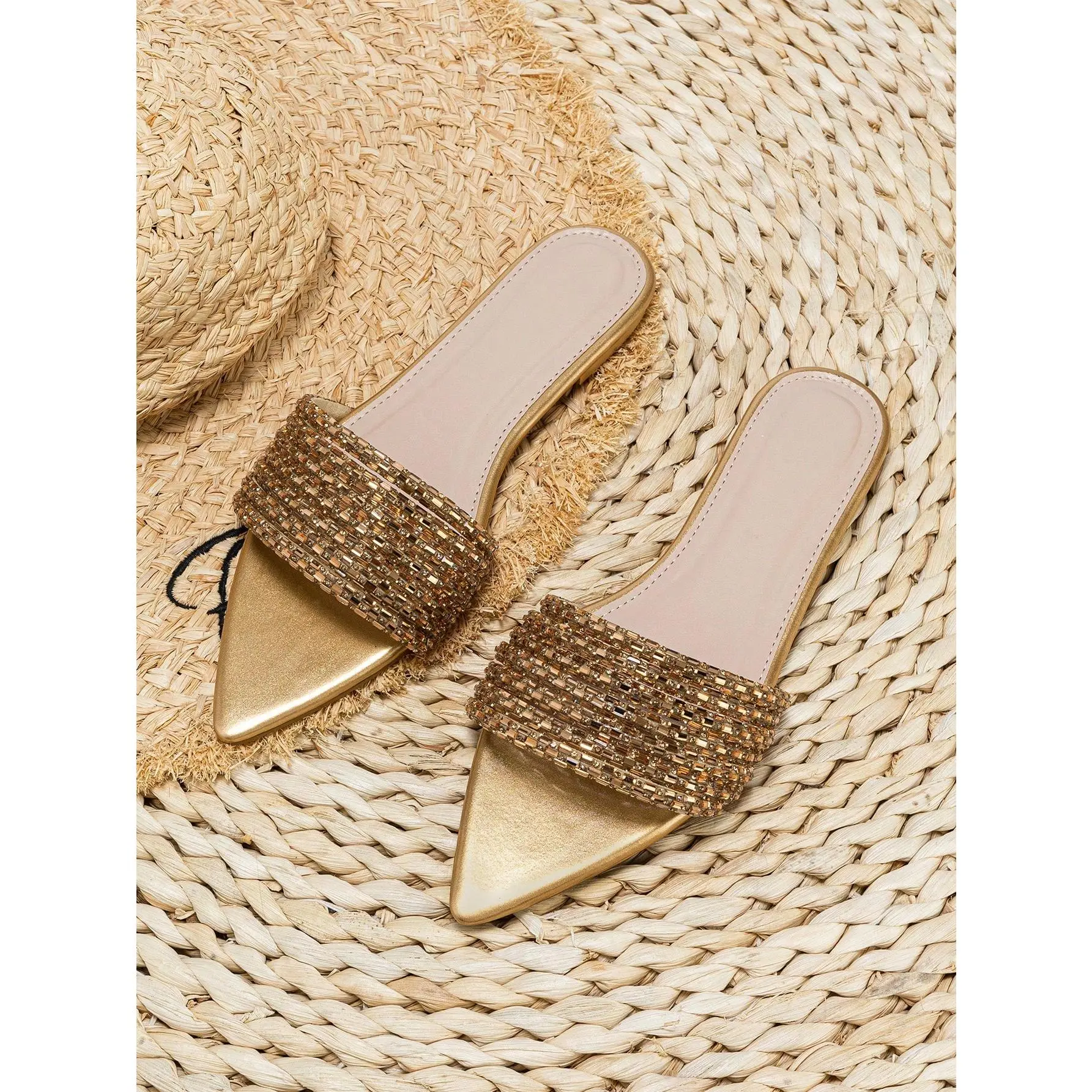 DealsForYouDays Rhinestone Sandals Sparkly Pointed Open Toe Dressy Summer Flat Sandals