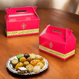 LoveNspire 5-Pack 6x3x5.2" Elegant Gable Kraft Paper Containers with Built-in Handle for Easy Carrying, Beautiful Gift Box with Gift Box Packaging Supplies for Weddings, Housewarmings, Gift Wrapping Supplies