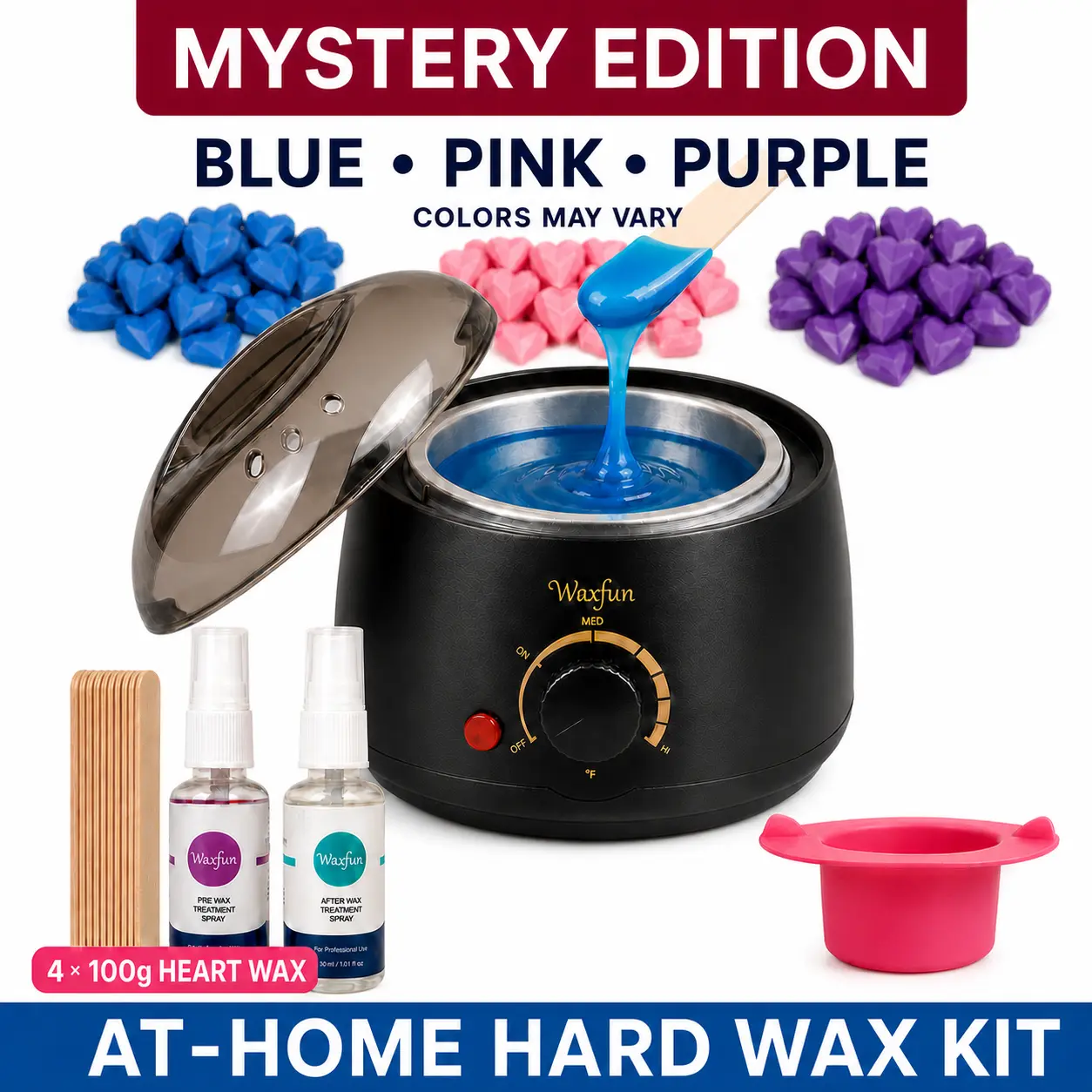 WaxFun Hard Wax Warmer Kit for Beginners, 4 Heart-Shaped Hard Wax Bead Bags, Silicone Bowl & Spatulas, No Strips Needed