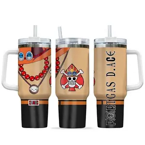 Portgas D. Ace 40oz Tumbler with Handle and Straw, Stainless Steel Vacuum Insulated Cup, OP Jolly Roger Skull Design, Anime Merch, Anime Tumbler