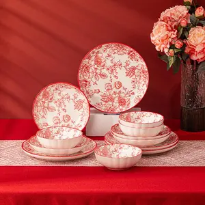 Rose Pattern Ceramic Tableware Set, Dinnerware Set, Kitchen Dishware Set, Including Bowl, Plate, Cup, Saucer, Spoon, Fork, Knife, Tableware Set for Home Kitchen Dining Room, Plates Bowls Sets, Bowls and Plates Set