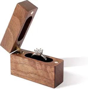 Vintage Walnut Wood Small Slim Square Engagement Ring Box - Velvet Interior, Magnet Lock - Home Organizer Storage Case for Proposal, Wedding