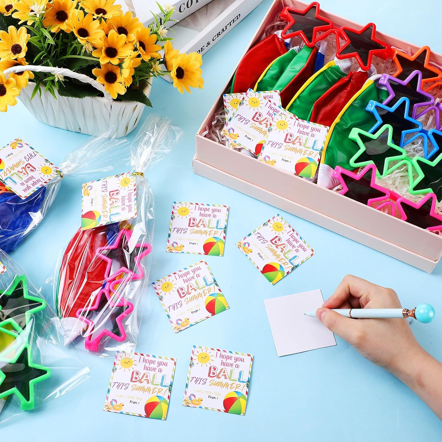 24 Set End of Year Student Gifts from Teacher Bulk Neon Star Shaped Sunglasses Beach Balls Goody Bags for Preschool Kindergarten Graduation