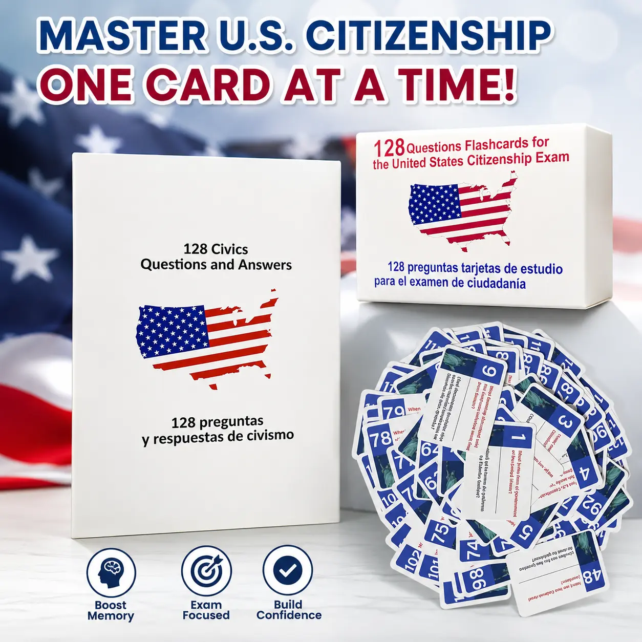 2026 US Citizenship Bilingual Instruction Cards, 128 USCIS Questions & Answers Study Guide (Spanish & English) for American Citizenship Preparation