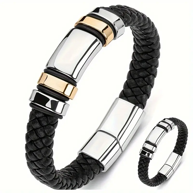Fashion classic glossy 4-ring black braided GENUINE Real leather bracelet Men's handsome business bracelet with stainless steel  magnetic buckle Jewelry