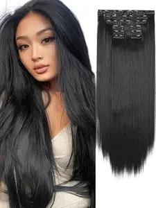 6 PCS Clip in Hair Extensions 16 PCS Weft Human Hair Synthetic Straight Clip in Hair Extensions for Women Natural Color Artificial Hairpiece for Daily Use