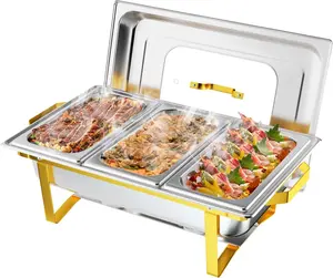 summervibes Gold Chafing Dishes for Buffet, 9QT Chafing Dish Buffet Set with Glass Lid, Stainless Steel Buffet Servers and Warmers with Folding Frame & 3 1/3 Size Pan for Parties Weddings Catering Events