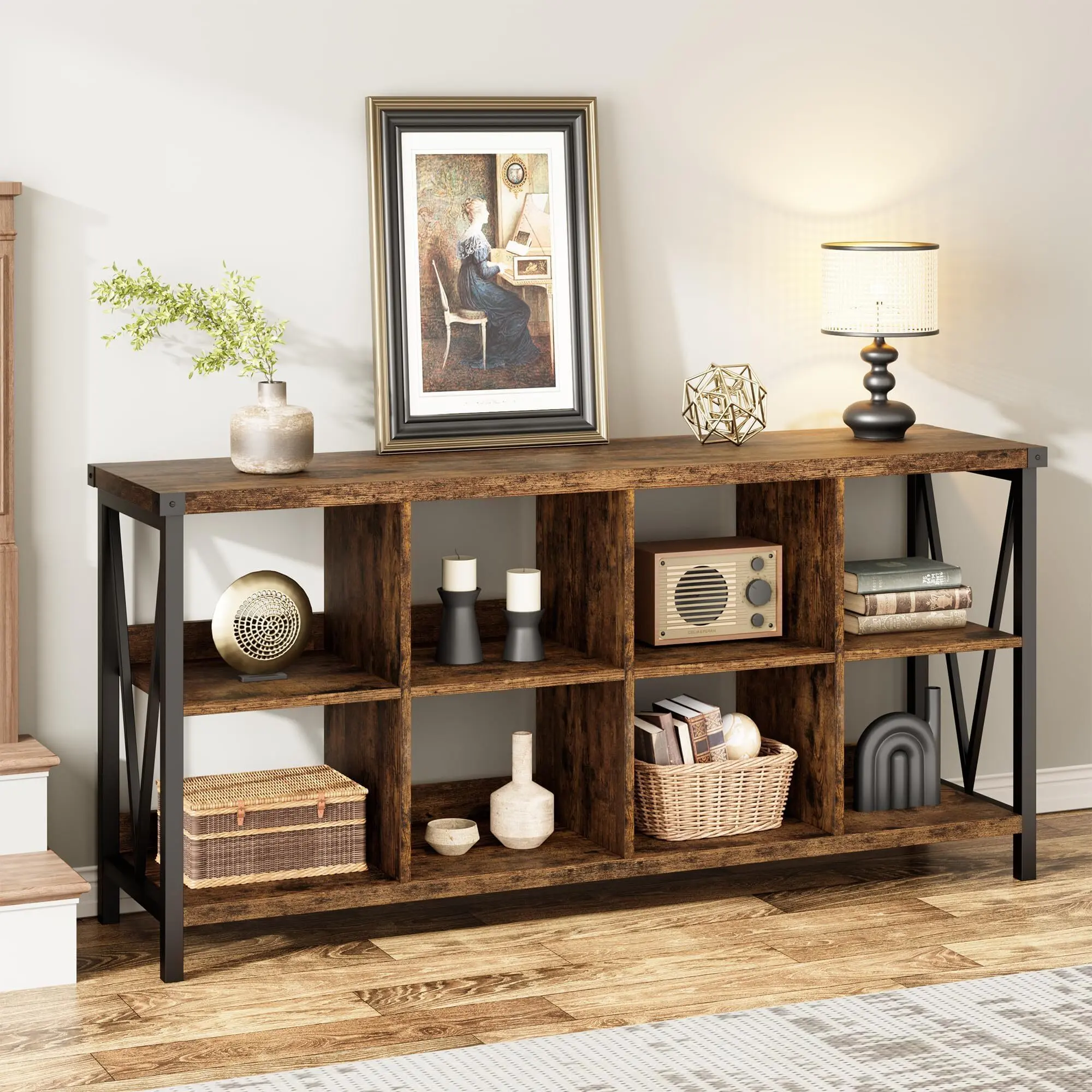 8 Cube Storage Organizer Bookshelf, 3 Tier Metal Horizontal Bookcase, 62 Inch Console Bookshelf,  for Long Low Bookshelves for Living RoomRetro,Brown