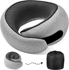 Travel Pillow with 100% Memory Foam - Compact Ergonomic Design for Comfort on Airplane & Train Travel - Light Grey