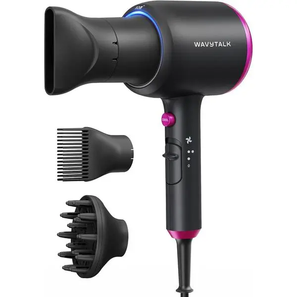 Wavytalk Blown Away Ionic Hair Dryer with Diffuser for Curly Hair | 1875W Fast Drying, 3 Attachments for All Hair Types, Ceramic Healthy Shine, Lightweight & Quiet (Black)