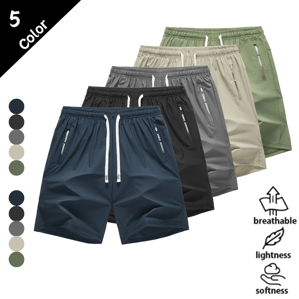 Men's Midi Loose Lightweight Adjustable Shorts - Summer Sporty Casual, Stylish, Zippered Pockets, Multi-Color Menswear Bottoms, Adjustable Men's Shorts, Midi Men's Shorts