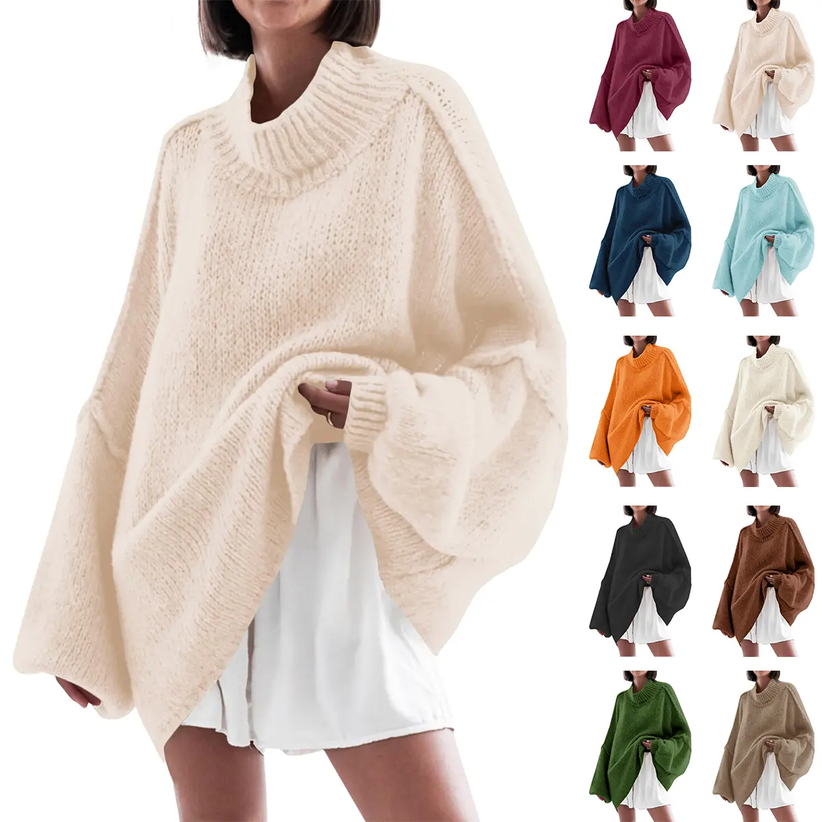 PiePieBuy Women's Trending Oversize Turtleneck Batwing Long Sleeve Ribbed Knit Tunic Pullover, Casual Chic Women's Top for Party, Knitwear, Drop Shoulder, Basics