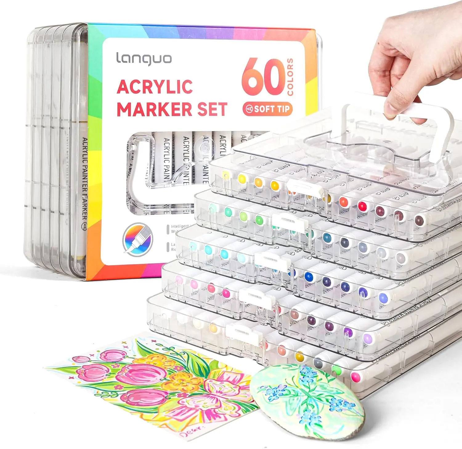 Languo Acrylic Paint Markers Set (24/36/48/60-Colors) - Multifunctional Brush Tip Pens with Automatic Ink Control, Canvas Bag, Crafting Supplies Box, Back-to-School Ready for Art for Kids, Bold & Easy Coloring on Fabric, Wood, Glass, Bold And Easy Colorin