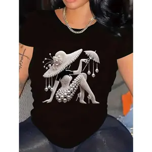 Women'S Elegant Pearl Print Short Sleeve T-Shirt - Black Geometric Pattern Casual Round Neck Top, Breathable Polyester Blend, Regular Fit H-Silhouette For Spring Summer & All-Season Wear, Ladies T Shirts, Versatile Fashion Top, Sophisticated Style