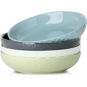 9" Large Pasta Bowls, 42 OZ Ceramic Salad Bowls Set of 4 for Serving Pasta, Soup, Salad and Dinner, Embossed Wide and Shallow Pasta Plates for Kitchen and Eating, Microwave Safe, Colorful