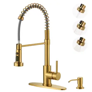 WOWOW Single Handle Pull Down Sprayer Kitchen Faucet with Soap Dispenser High-Arc Sink Faucet in Brushed Gold