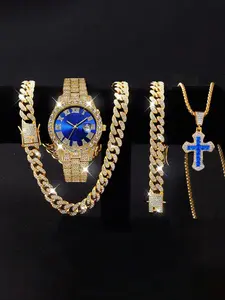 Men's Luxury Rhinestone Decorated Quartz Watch & Jewelry Set, Including Round Dial Watch & Bracelet & Necklace, Fashion Watch Set for Party, Daily Decor