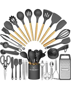 Silicone Kitchen Utensil Set, 34PCS Heat Resistant Kitchen Gadgets and Tools With Grater, Wood Handles for Nonstick Cookware (Dark Gray)