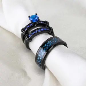 Ringcrown Couple Ring Bridal Set His Hers Women Black Gold Plated Blue CZ Men Celtic Dragon Stainless Steel Wedding Band Jewelry 10kt Stamp