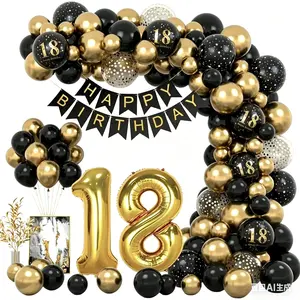 Black Gold 16th/18th/30th/60th Birthday Balloon Garland Kit, Happy Birthday Banner & Number 16/18/30/60 Foil Balloons for Party Decor