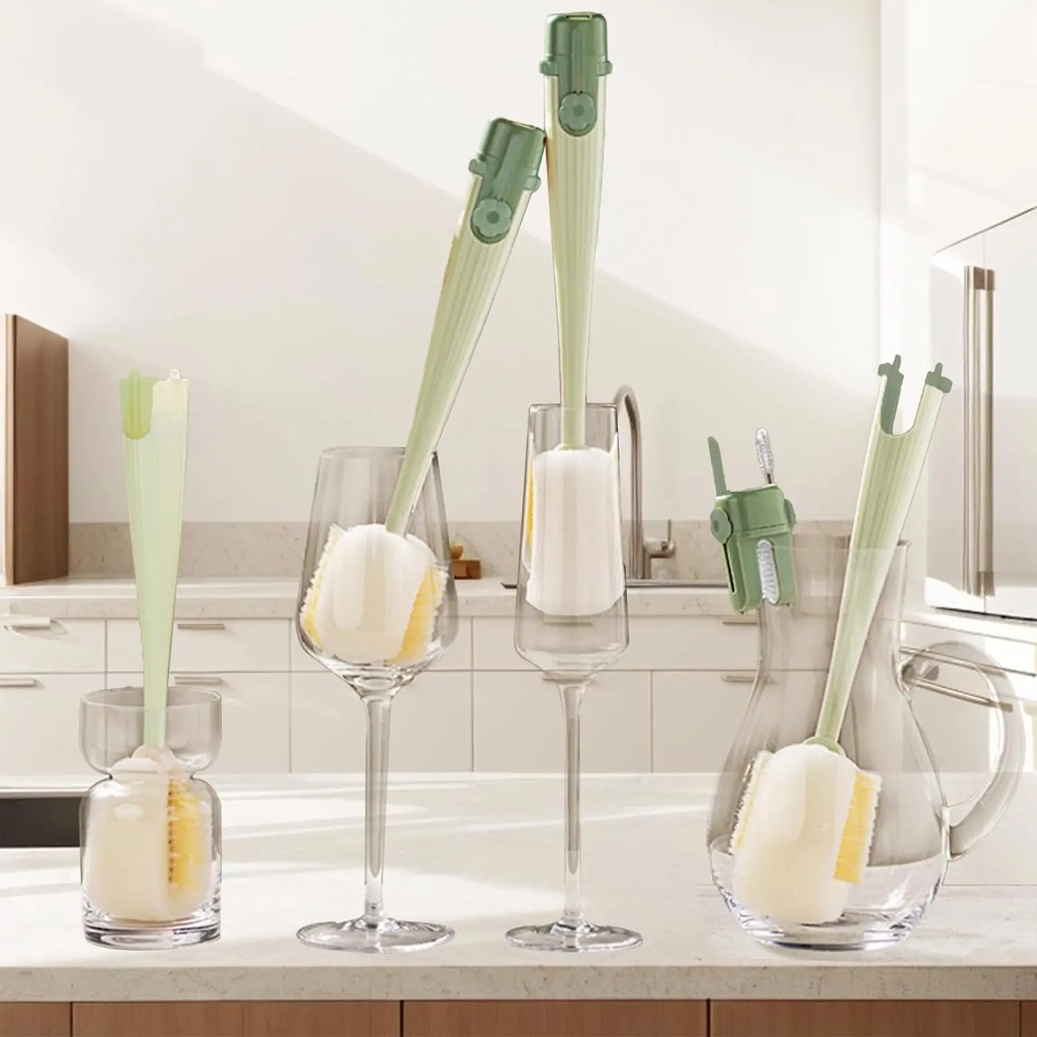 Multi-Scenario 5-in-1 Bottle & Lid Cleaning Brush Kit, Sturdy Sponge Head Long Handle Bottle Scrub Brush, Portable Kitchen Cleaning Tool for All Kinds of Bottles Cups (White and Green)