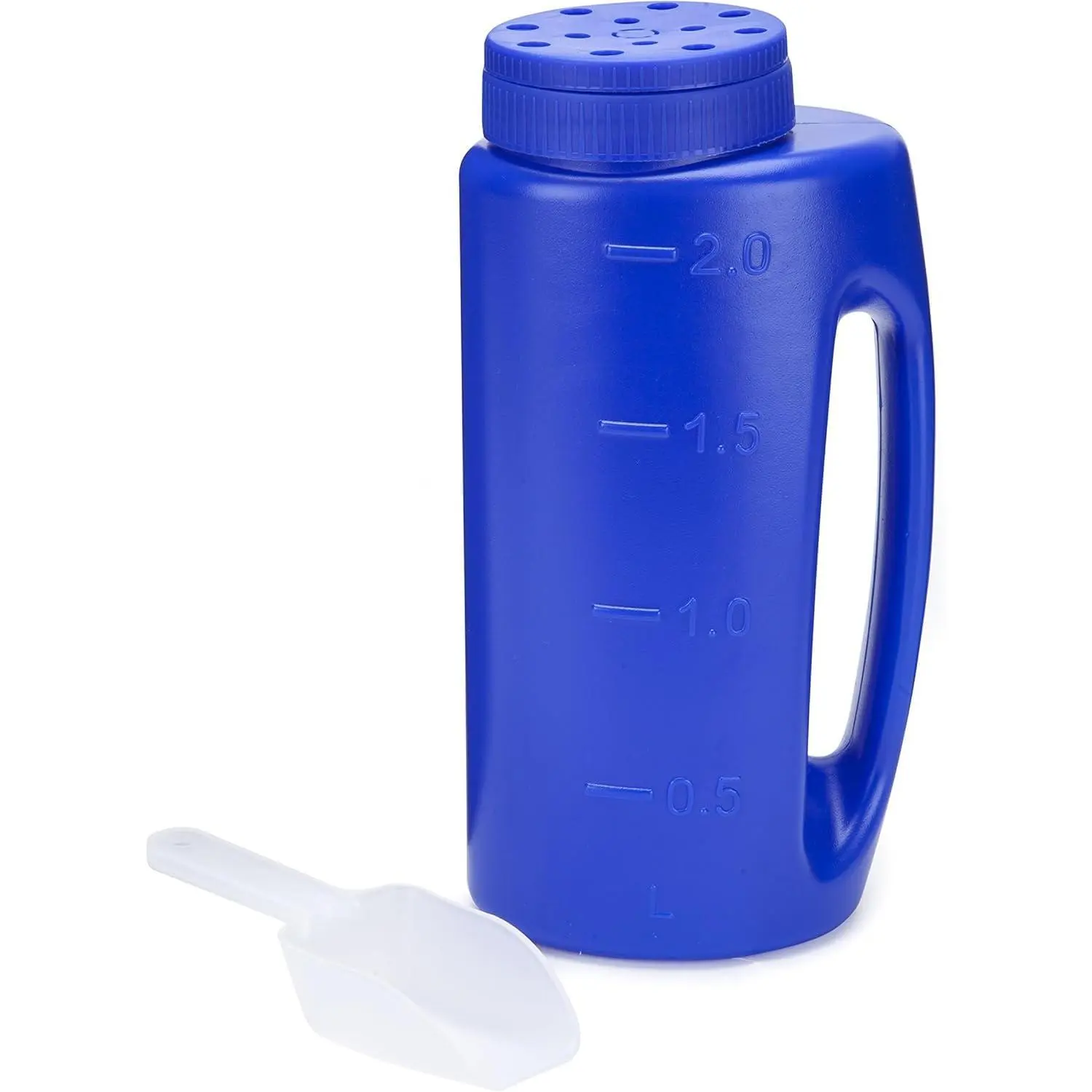 - 2L (70 oz) Hand Held Spreader - Adjustable Hole Size for Seeds, Fertilizer, Salt & Ice Melt - Heavy-Duty Garden Spreader with Scoop - Blue