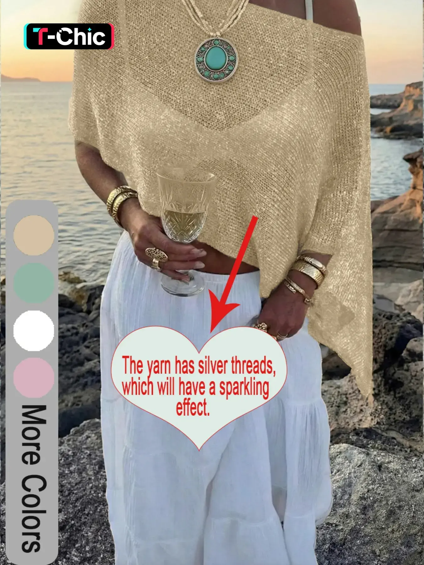 Summer Women's Multi-Wear Lightweight Breathable Loose Flashy Yarn Knit Poncho, Casual Daily Wear, Spring & Fall Fashion, Knitwear Womenswear