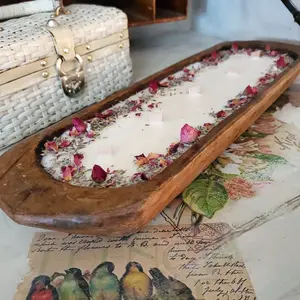 FUNK FREE BiG Baguette Floral Dough Bowl + Coconut Soy All Natural Candle + Safe + Hand Done Wood Wick Rustic Farmhouse Unique Centerpiece