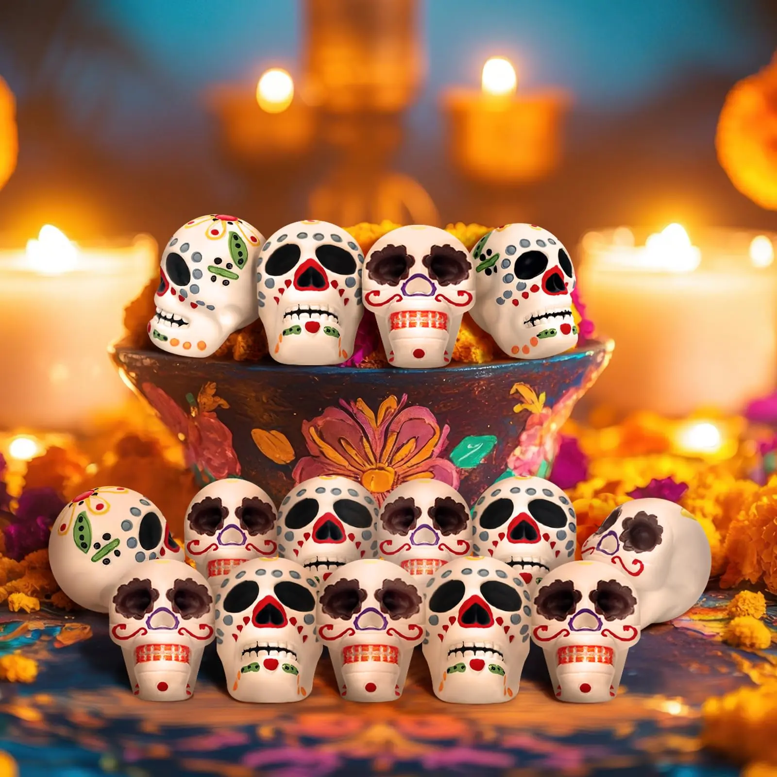 Traditional 2 Pcs Sugar Skull Head Wooden Centerpieces, Day of The Dead Dia De Los Muertos Ornaments, Halloween Ideas Party Home Room Altar Table Decor Figurine