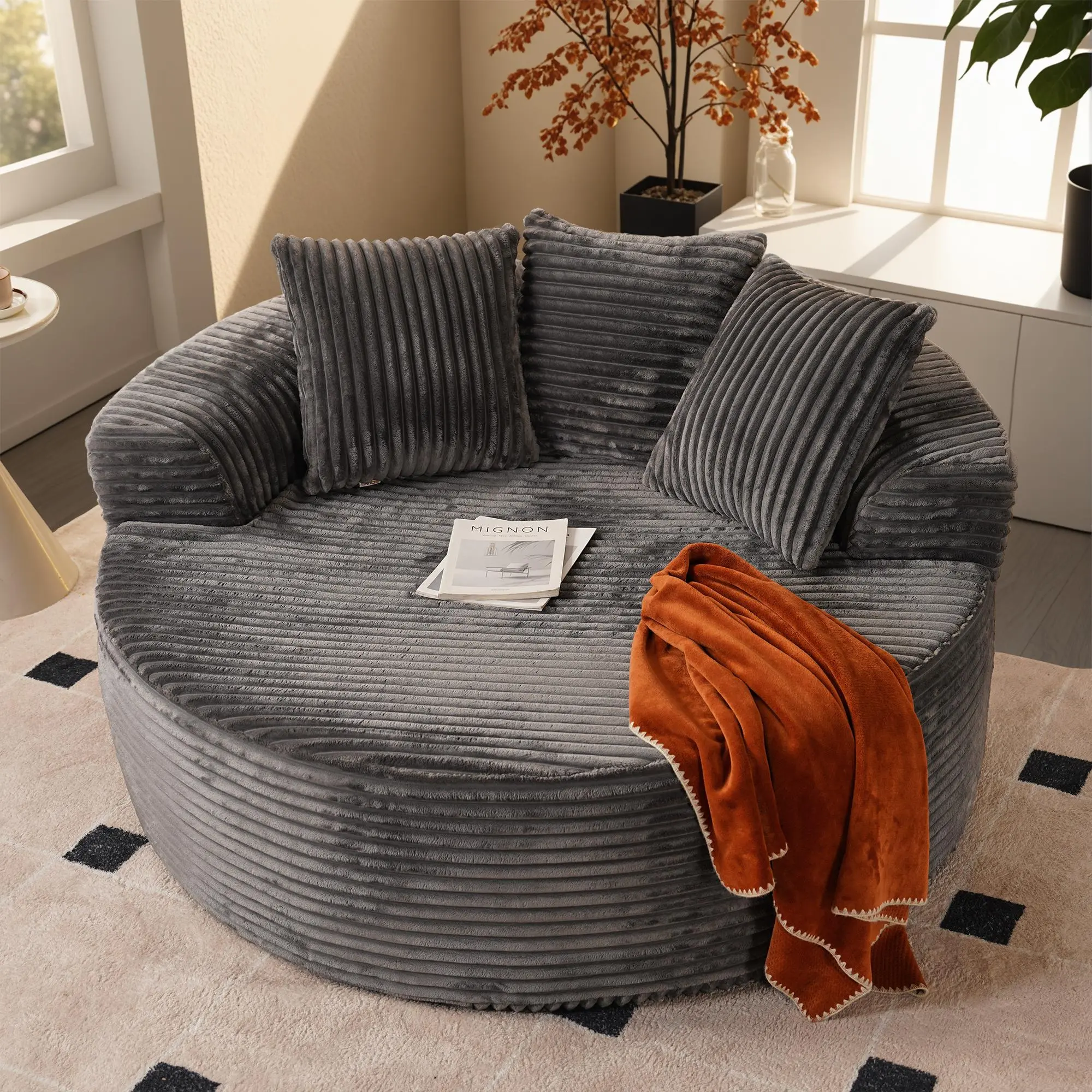 Oversized Round Cloud Couch - Faux Fur Chaise Lounge, No Assembly Required, Sturdy Large Seat with Cushion, Fluffy Modern Sleeper Sofa Bed for Living Room, Bedroom, Boneless Couch Living Room Furniture
