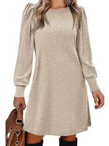 Womens Knit Sweater Dress Casual Babydoll Mini Dress with Long Puff Sleeve Winter Round Neck Loose Dresses Springfresh