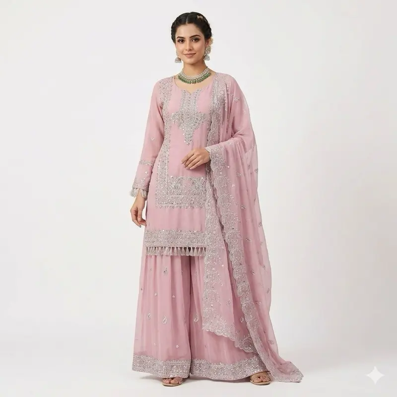 Women's Original Embroidered Soft Georgette 3-Piece Suite - Pink Lady's Set with Sharara Pants, Georgette Fabric Top, Embroidered Detail